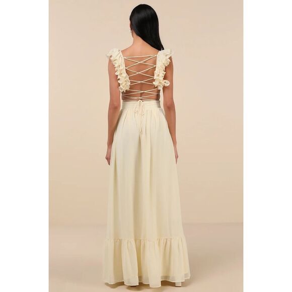 Lulus Soiree Celebration Light Yellow Ruffled Lace-Up Maxi Dress Size XL NWT - Picture 3 of 10